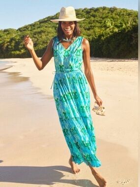 Talbots Ikat Medallion Tiered Maxi Dress, Aqua Blue Green Cotton Voile NEW